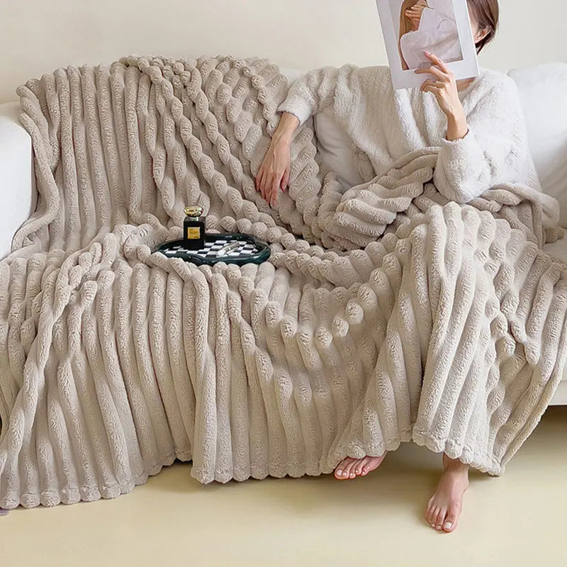 Faux Fur Ribbed Throw Soft Fleece Blanket