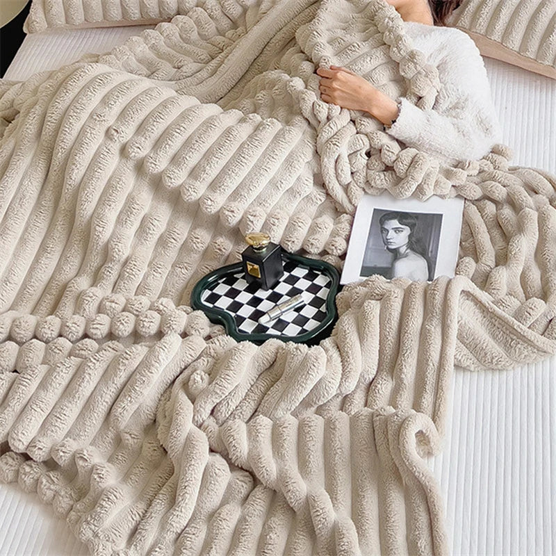 Faux Fur Ribbed Throw Soft Fleece Blanket