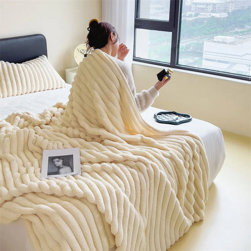 Faux Fur Ribbed Throw Soft Fleece Blanket