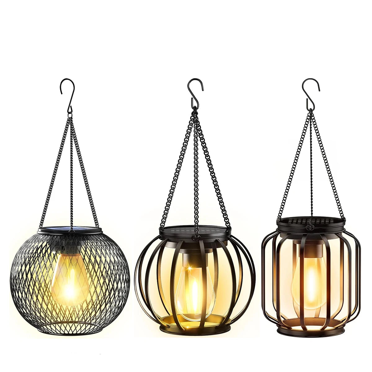 Set of three hanging solar lanterns with warm lights.
