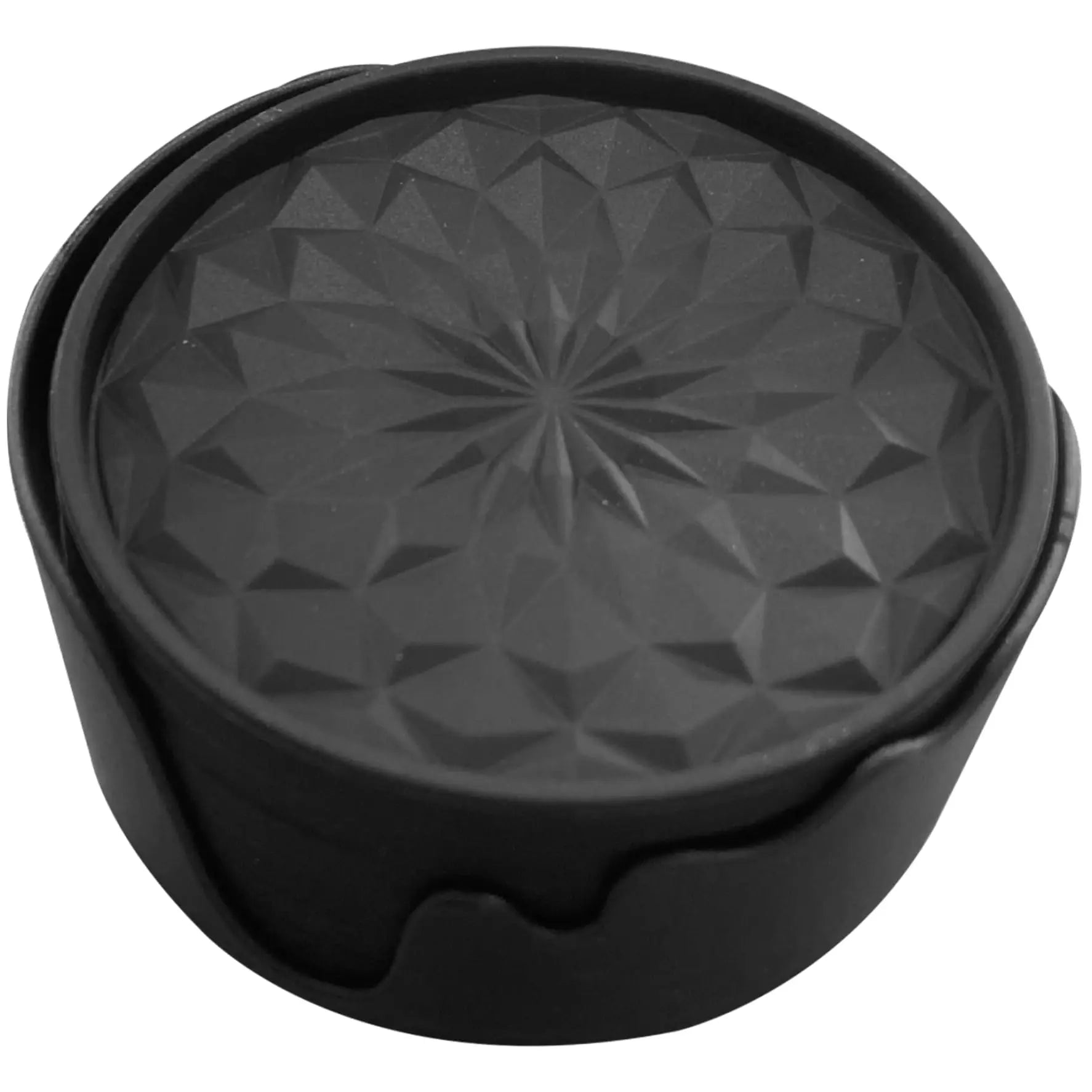 A stack of black silicone coasters with a geometric pattern, held in a matching black holder.