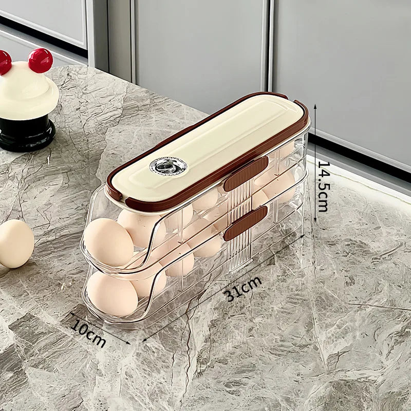Same egg rack for fridge as previous, shown with clear dimensions and cream top.