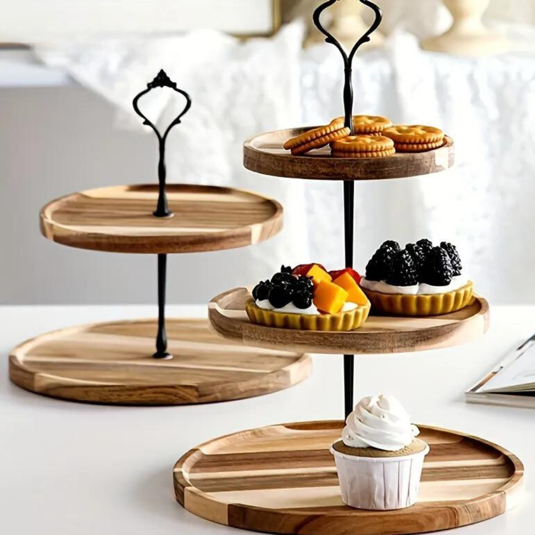 Wooden Acacia Afternoon Tea Cake Stand Shearing Platter Display Plates