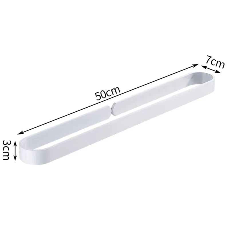 White kitchen towel rack with measurements labeled, showing its elongated oval design.