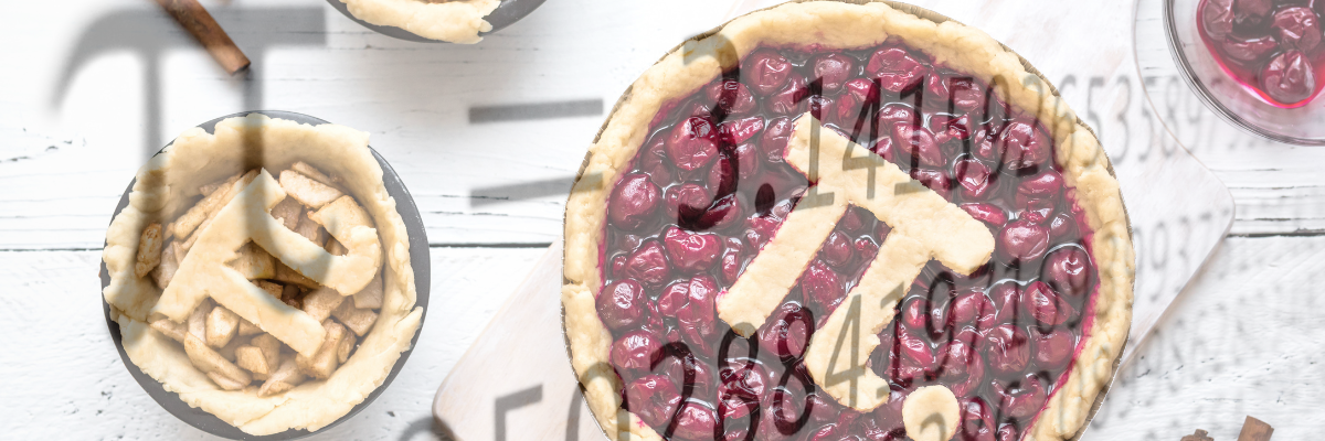 An image of some Pies with a Pi (π) logos to decorated with a translucent image of the  π in its irrational form over the top 