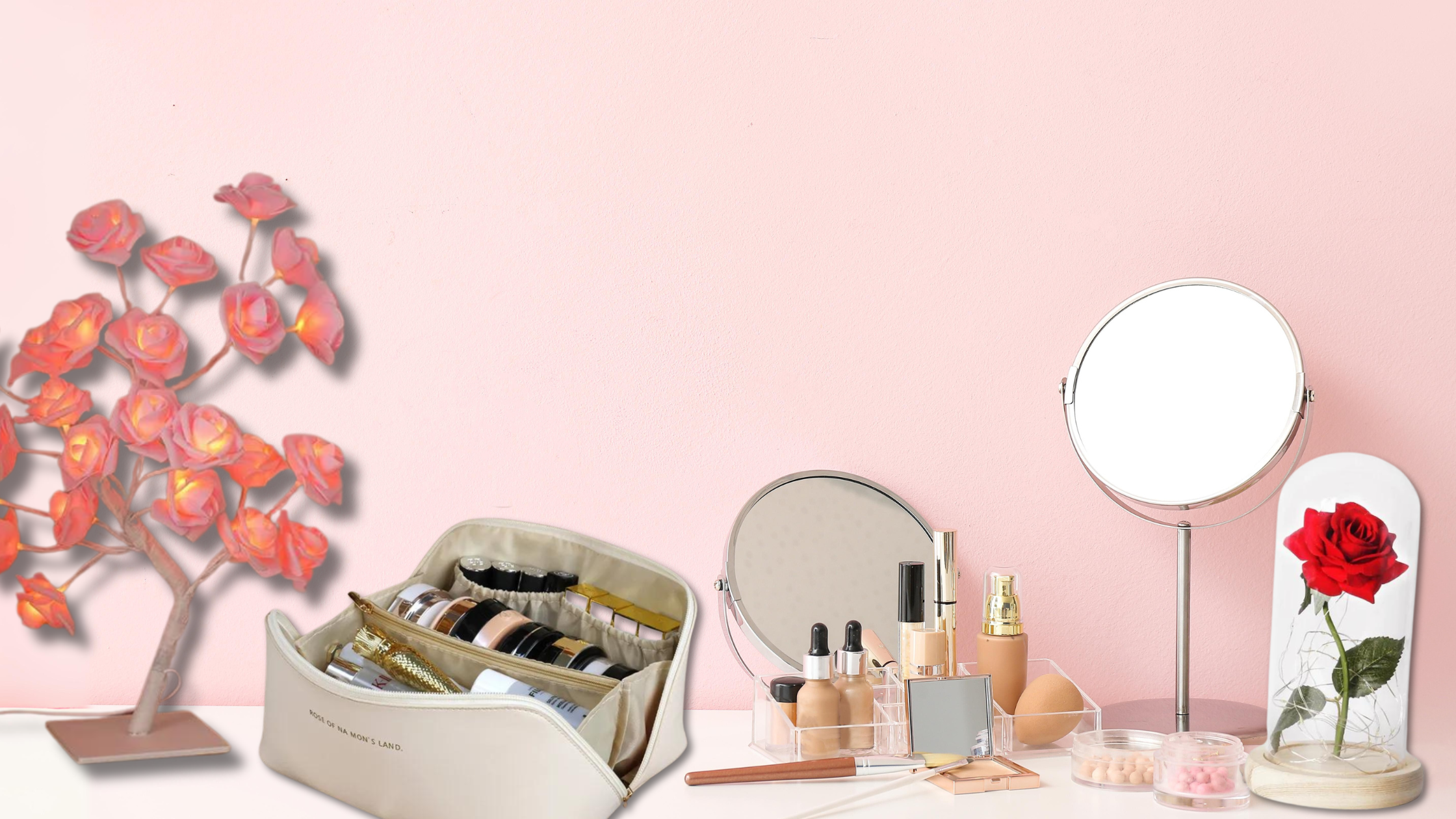 A Pink make up desk with DECASSA products 