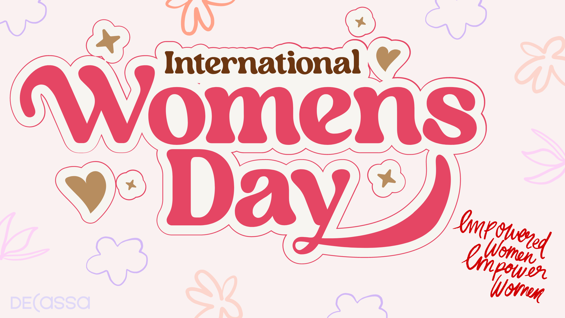 A sign with Internationals Women's day  with soft pink and purple accents surrounding it. 