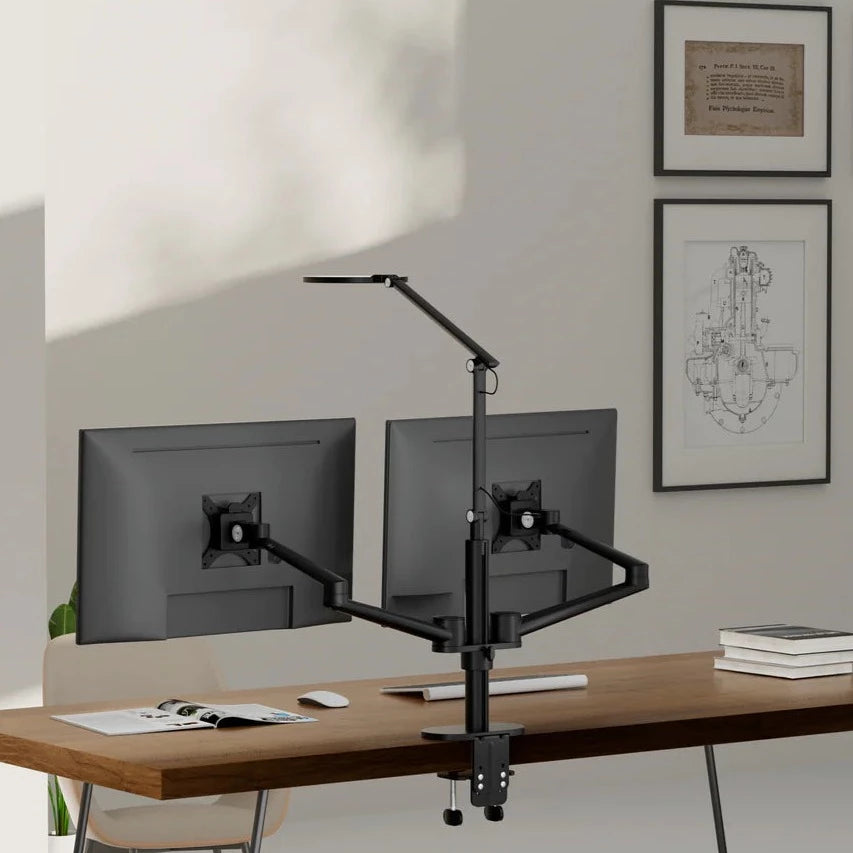 Dual Monitor Arm with LED Lamp Desk Mount Bracket Black