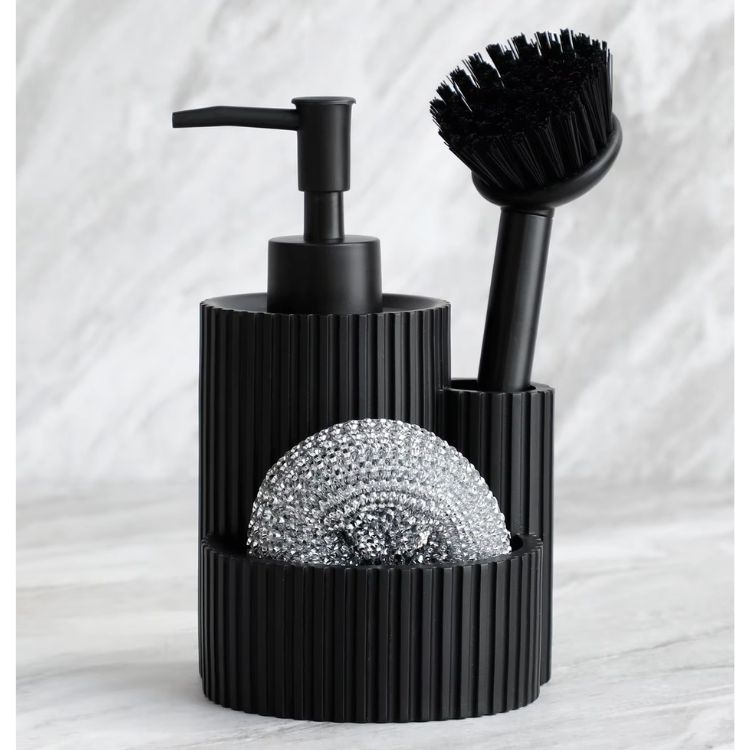 Black kitchen detergent dispenser set with ribbed texture, containing a scrubber and brush.