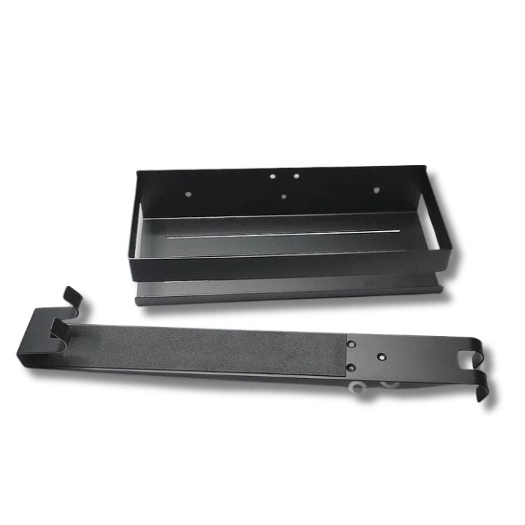 Disassembled black shower shelf with wall mounting bar.