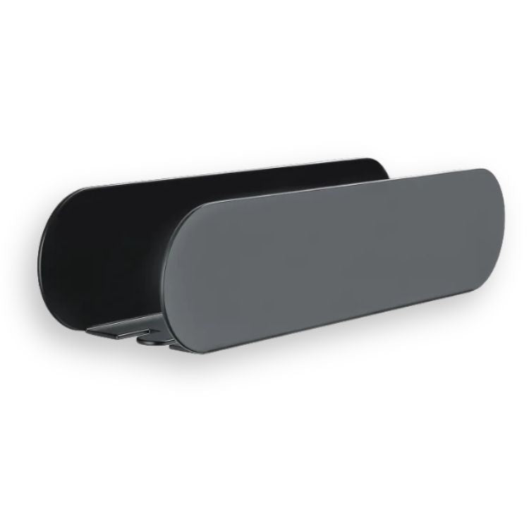Black and dark gray bathroom shelf organizer with rounded design, viewed from a slight angle.