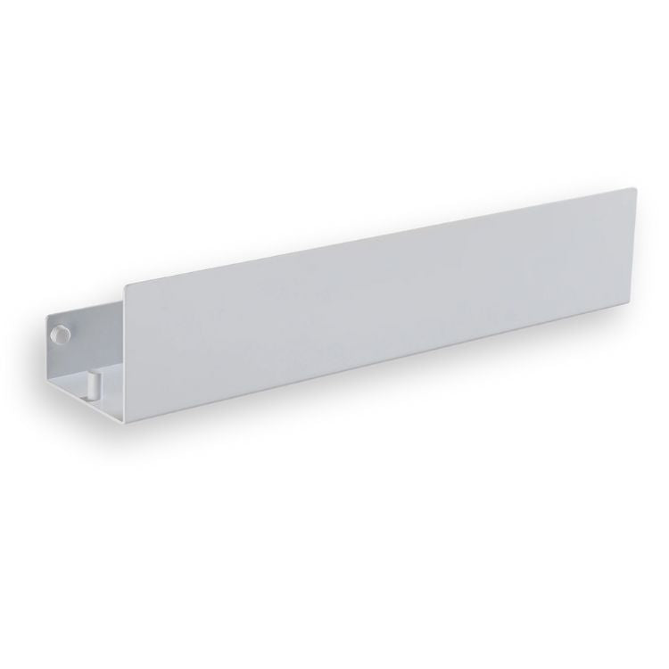 Long white bathroom organizer with curved edge and open side.