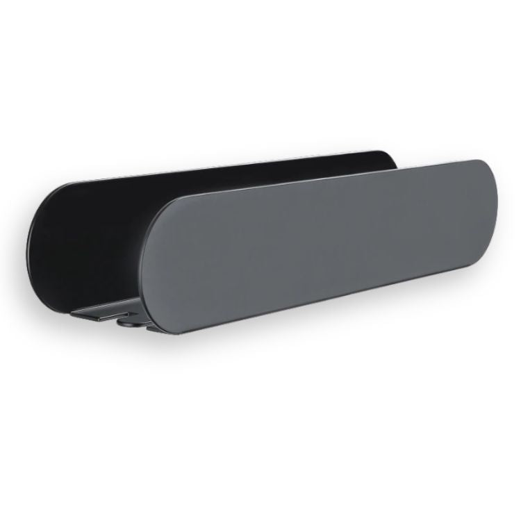 Black bathroom shelf organizer with rounded edges.