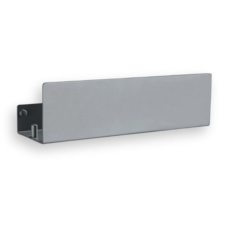 Straight view of grey bathroom organizer shelf with mounting bracket.