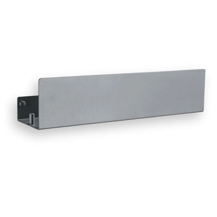 Short grey bathroom organizer with black mounting bracket.