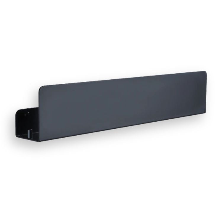 Wall-mounted black bathroom organizer in sleek design.