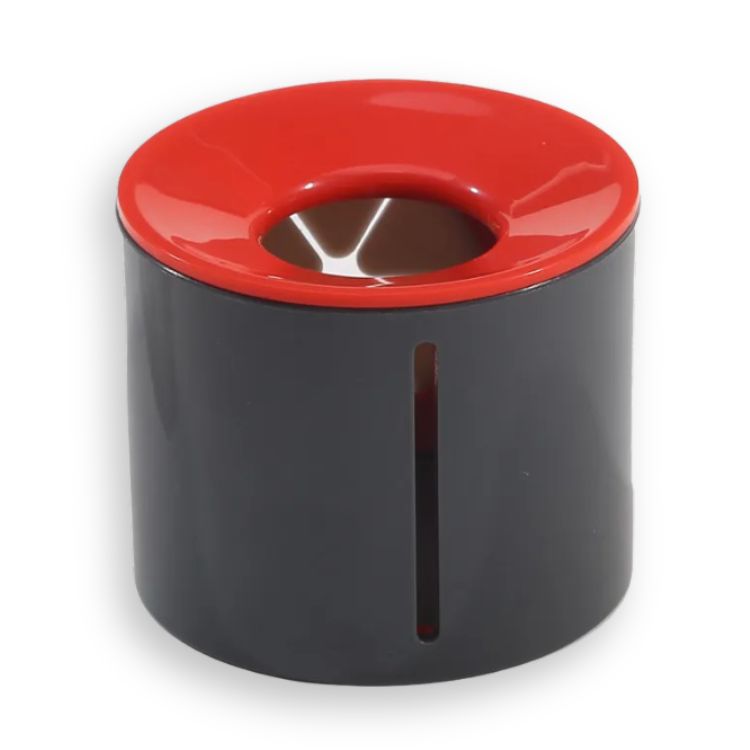 Toothbrush holder with red circular top and black base