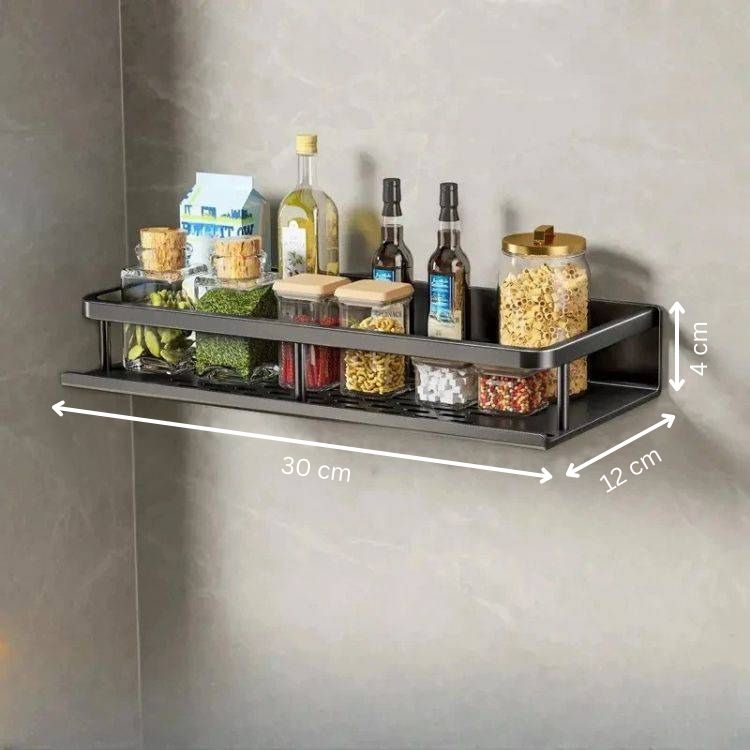 Spice rack organizer on wall with measurement overlay and kitchen items.