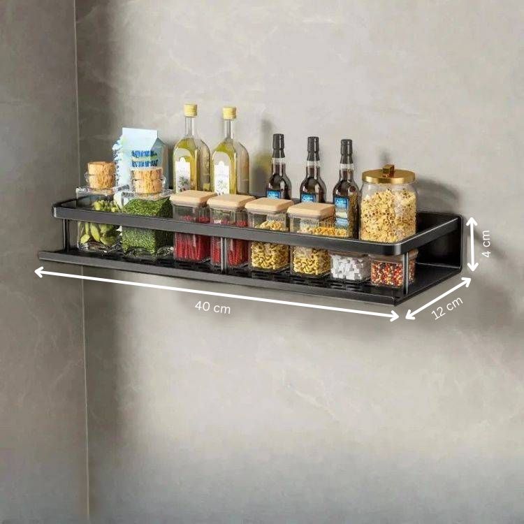 Wall-mounted spice rack organizer with jars and condiments, seen from the front.