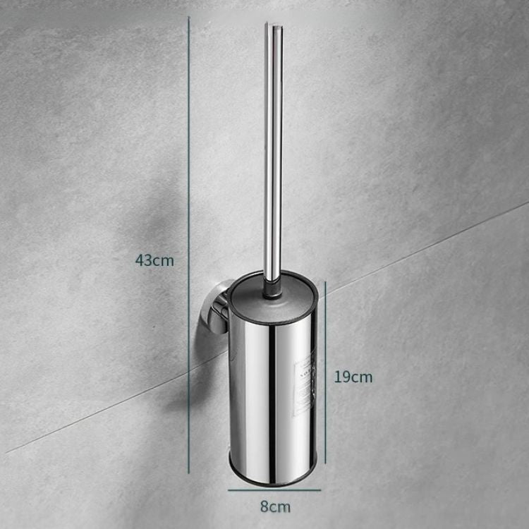 Chrome toilet brush holder mounted on gray wall with measurements.
