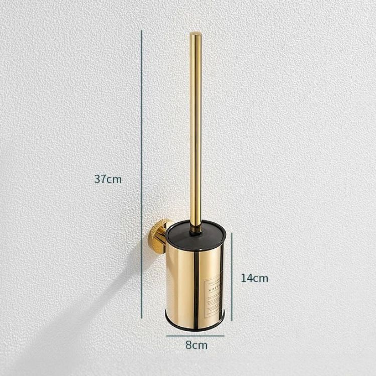 Gold wall-mounted toilet brush holder with labeled dimensions.