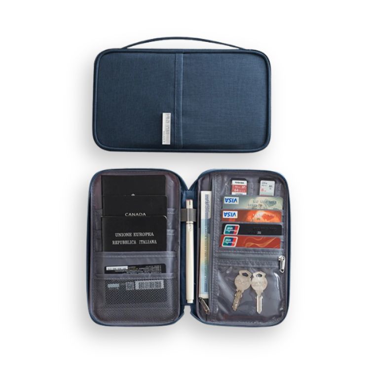 Navy blue travel wallet, closed, and open showing compartments for essentials.