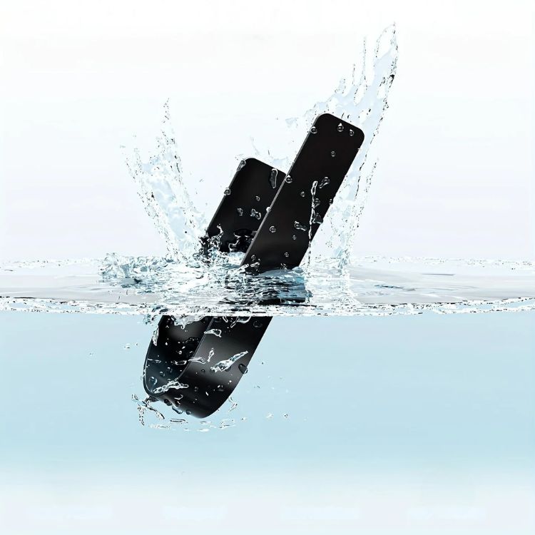 Two black objects, possibly components of a toilet paper rack, splashing into water.
