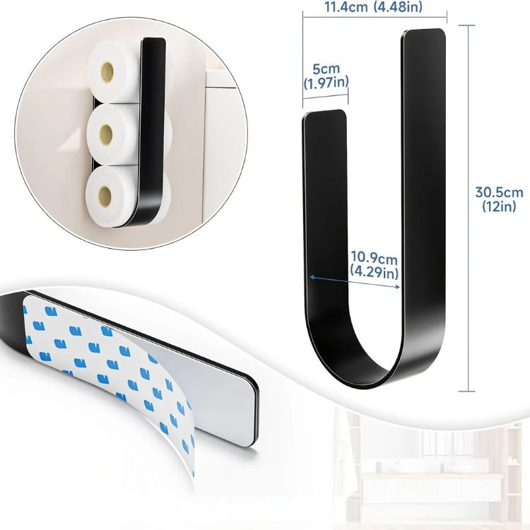 A black U-shaped toilet paper rack, with diagrams showing its dimensions and adhesive backing.