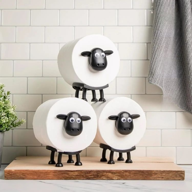 A black toilet roll holder on a light-colored wall.