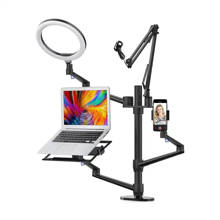 10" LED Ring Light Desk Setup with Laptop, Phone and Microphone Attachment Desk Mount Bracket