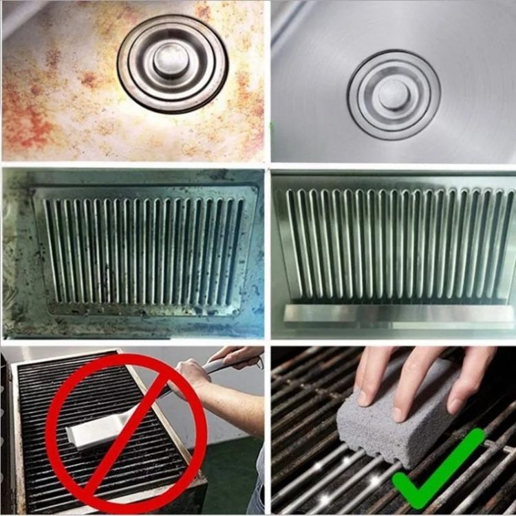 Grill cleaning brush removing grease from kitchen surfaces.