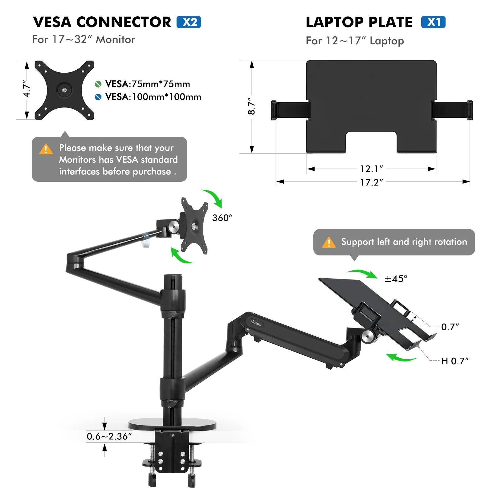 Single Monitor Arm with Gas Spring and Laptop Stand Desk Mount Bracket Black
