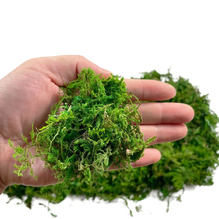 A hand holding a clump of fresh-looking artificial moss.