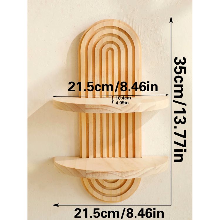 Boho shelf in light wood with curved arch and product dimensions shown.