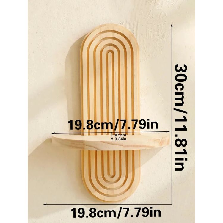 Arch-style boho shelf with measurements labeled on a product display.