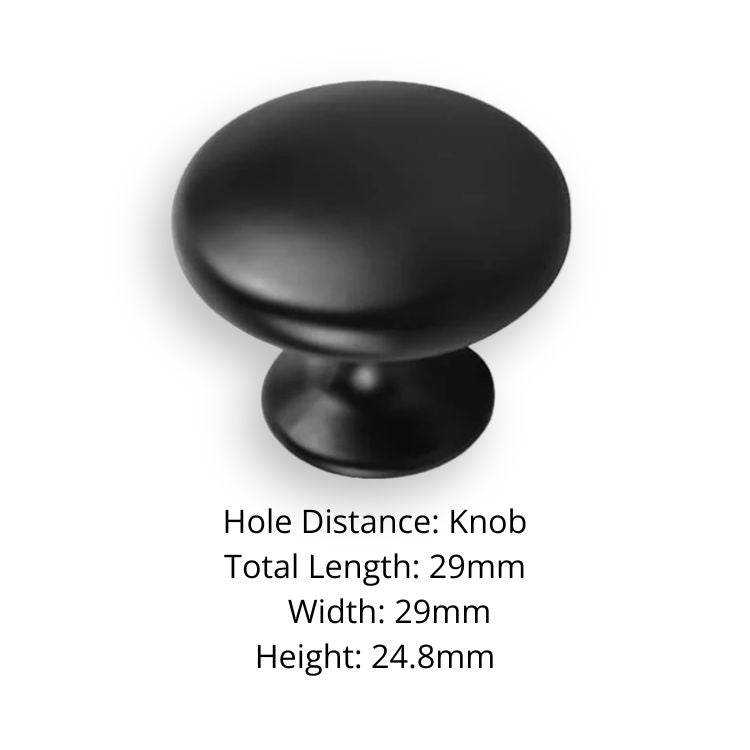Single round black kitchen cabinet knob with dimensions displayed.