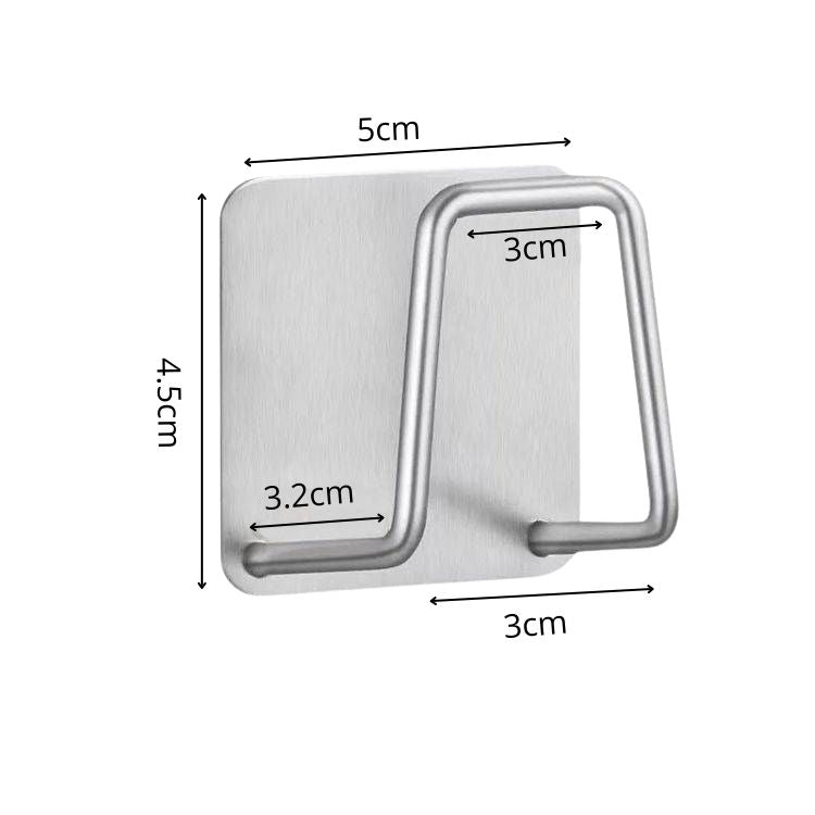 Stainless steel sink sponge rack with labeled dimensions for size reference.