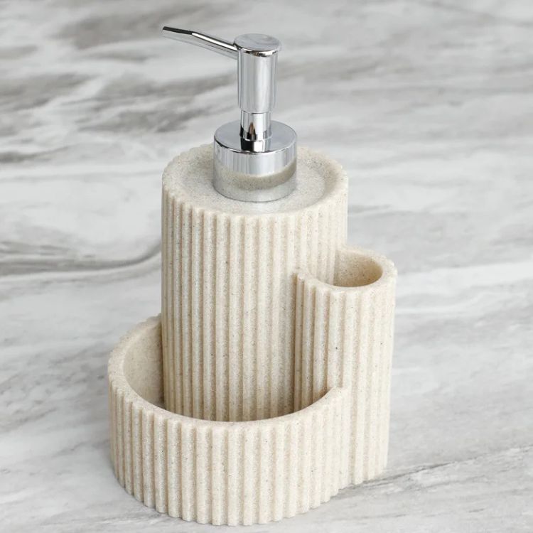 Beige ribbed kitchen detergent dispenser with pump and dual compartments,
