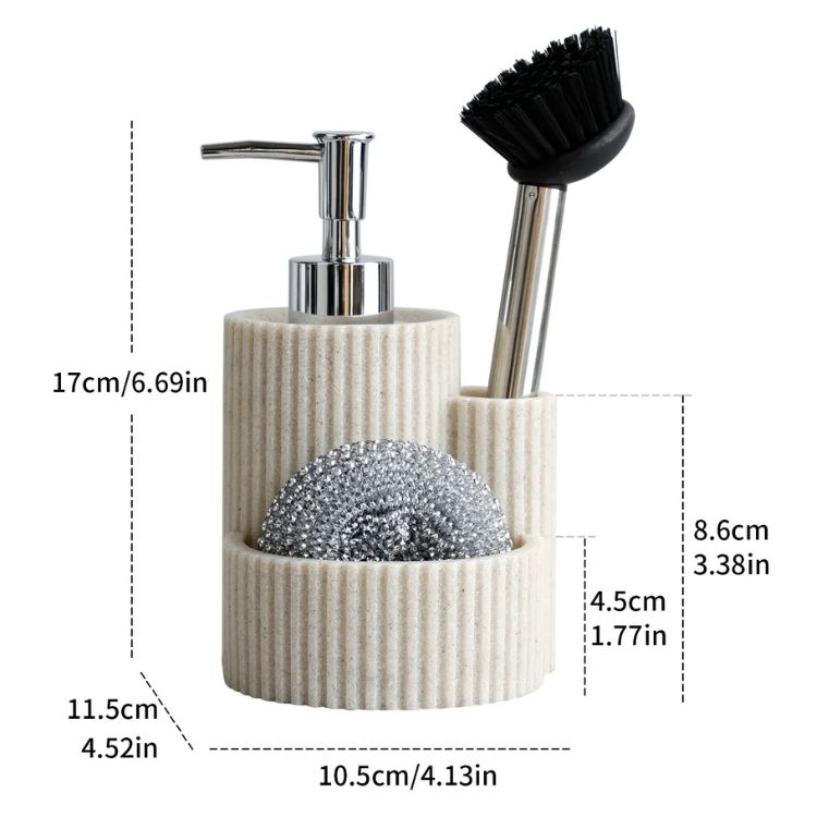Beige kitchen detergent dispenser set with dimensions, holding a dish brush and scrubber.