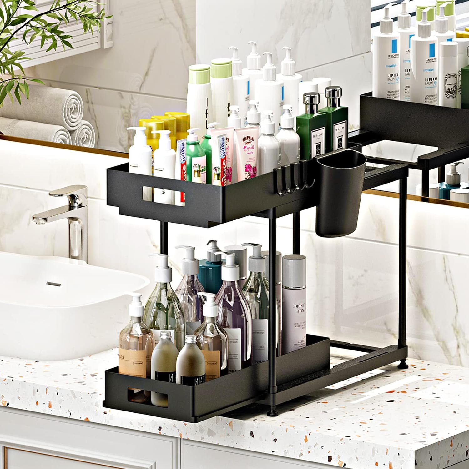 Shelf Organiser with Hooks and Sliding Tray Two Tier
