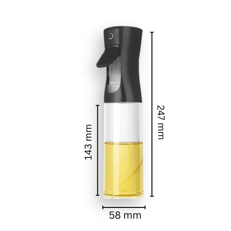 Short black oil sprayer bottle filled with yellow oil, shown with measurements.