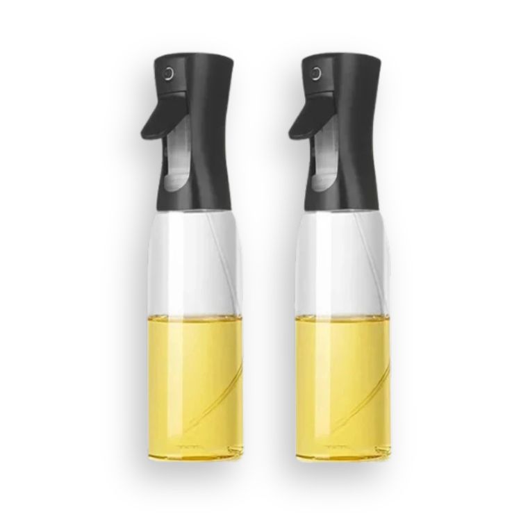Pair of black oil sprayer bottles with yellow oil, shown in a clean layout.