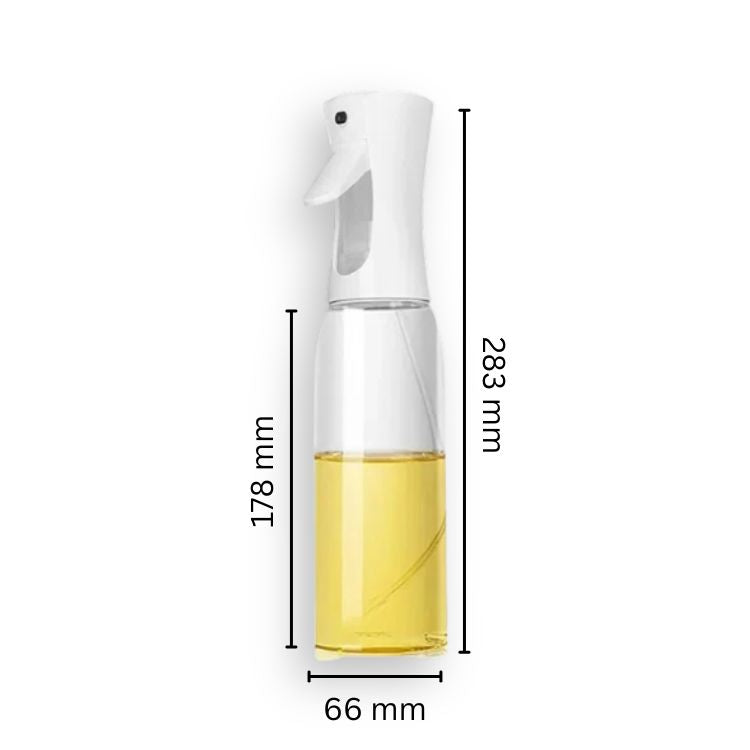Tall white oil sprayer bottle filled with cooking oil, with dimensions marked.