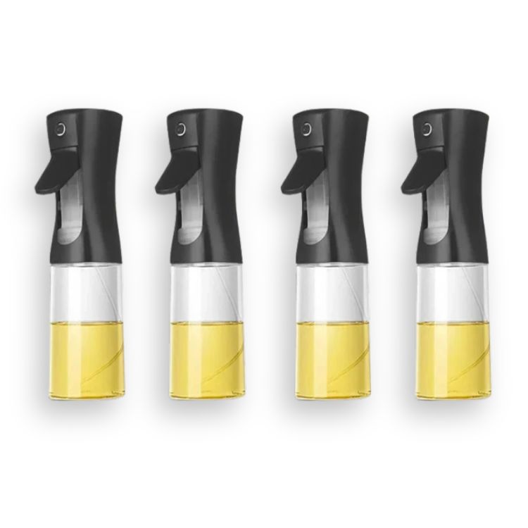 Set of four black oil sprayer bottles with transparent lower half filled with yellow oil.