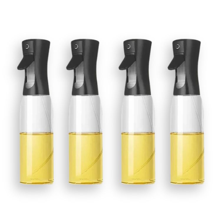 Set of four black oil sprayer bottles, uniformly filled with yellow oil.