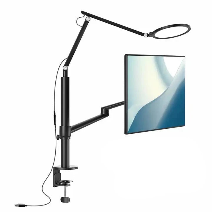 Single Monitor Arm with LED Overhead Lamp Desk Mount Bracket Black
