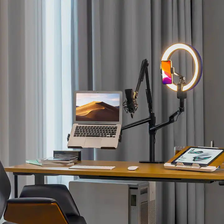 Live Stream LED Ring Light Desk Setup with Laptop, Computer, Phone and Microphone Attachment Desk Mount Bracket