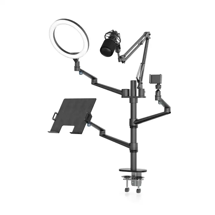 10" LED Ring Light Desk Setup with Laptop, Phone and Microphone Attachment Desk Mount Bracket