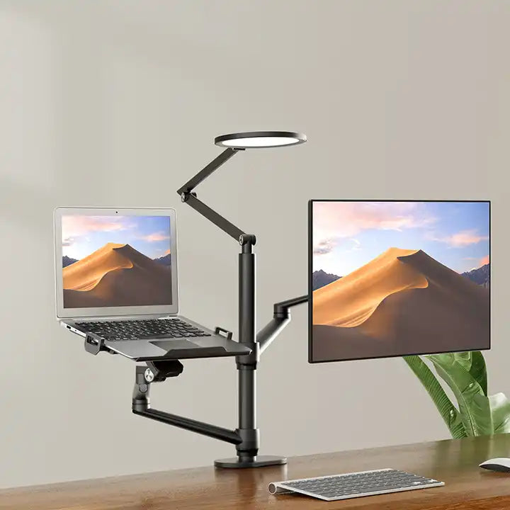 Monitor Arm With Laptop Stand Desk Mount Bracket Black LED Light