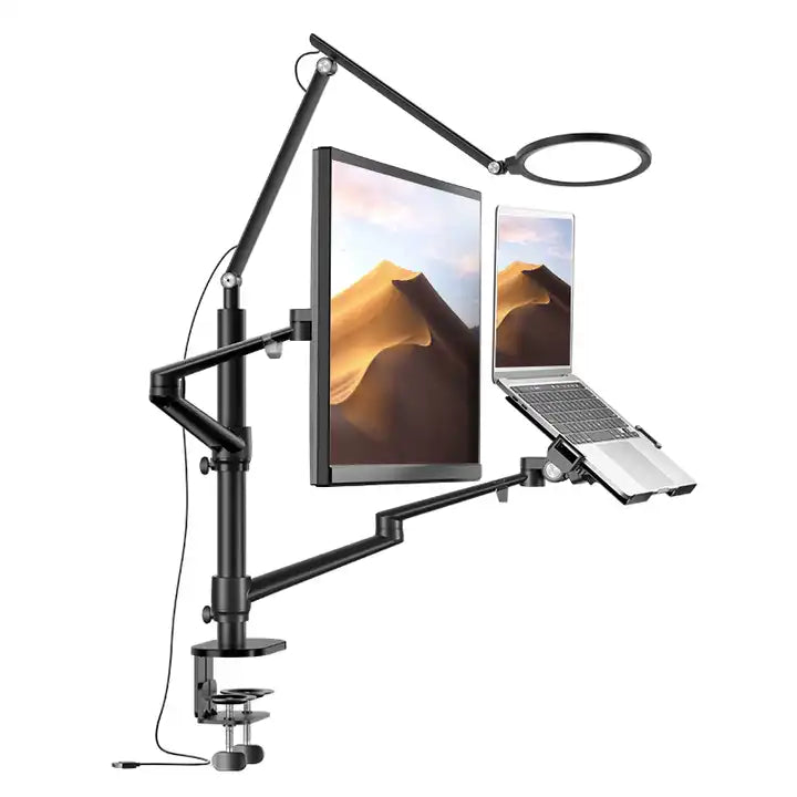 Single Monitor Arm with Laptop Stand and LED Lamp Black Desk Mount Bracket